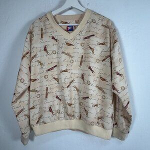 Vintage Tail Men Golf Print V-Neck Sweatshirt Medium Beige Pullover Sporty Retro